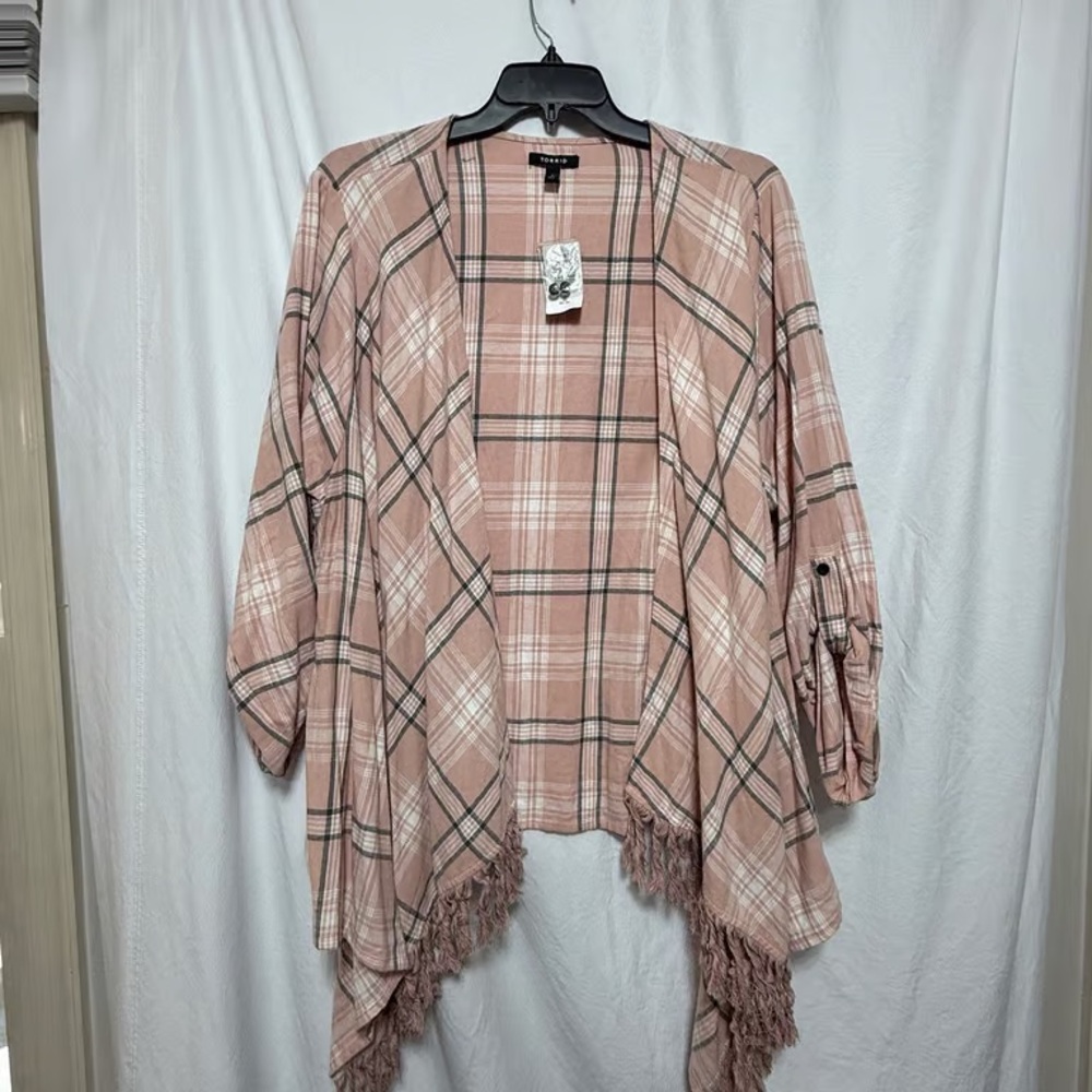 NWT Torrid Cotton Flannel Drape Fringe Kimono - Pink/White/Black Plaid 3x